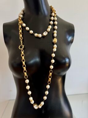 CHANEL Gold-Tone Faux Pearl & Crystal Long Necklace